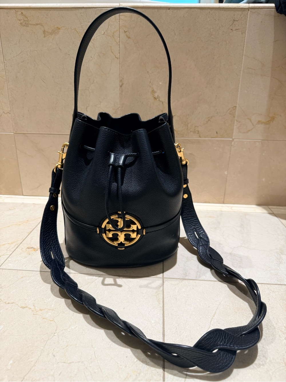Tory Burch Black Leather Drawstring Bucket Bag with Gold Logo